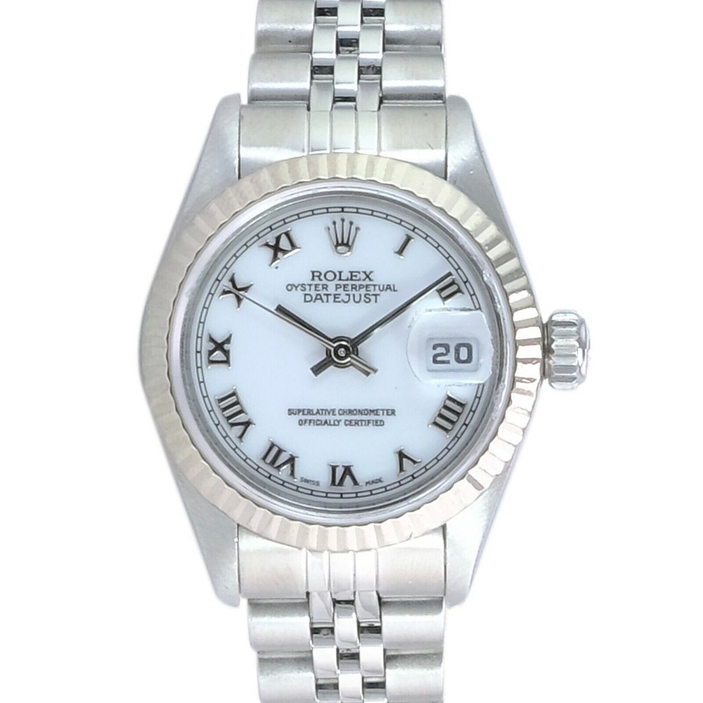 Rolex Datejust White Roman Dial 18k White Gold Fluted Steel Jubilee Watch 6917